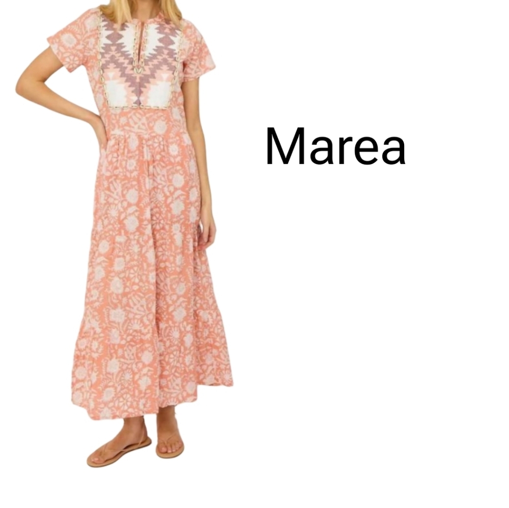 Marea by Liz Joy Olympia Sorbet Floral Print Shell Short Sleeve Kaftan Dress Lg